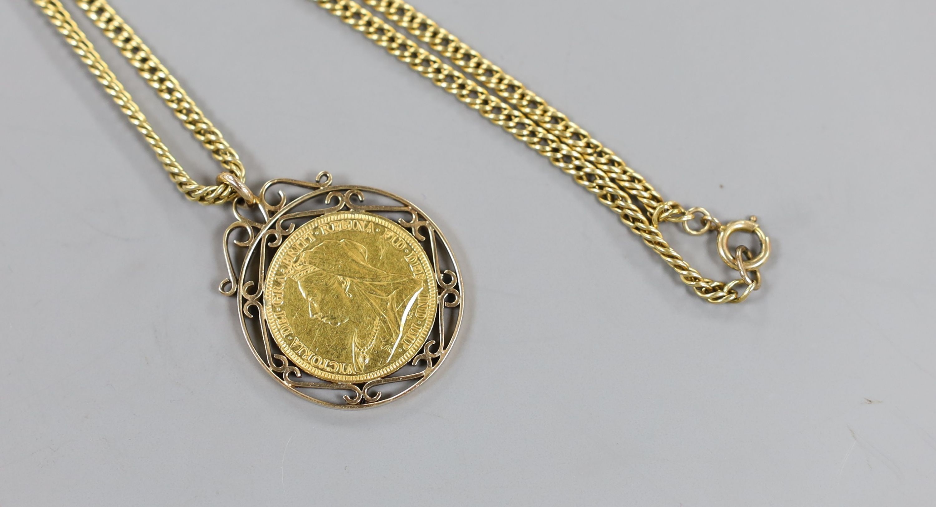 A Victoria 1893 gold sovereign, in pendant mount, on a 9ct chain